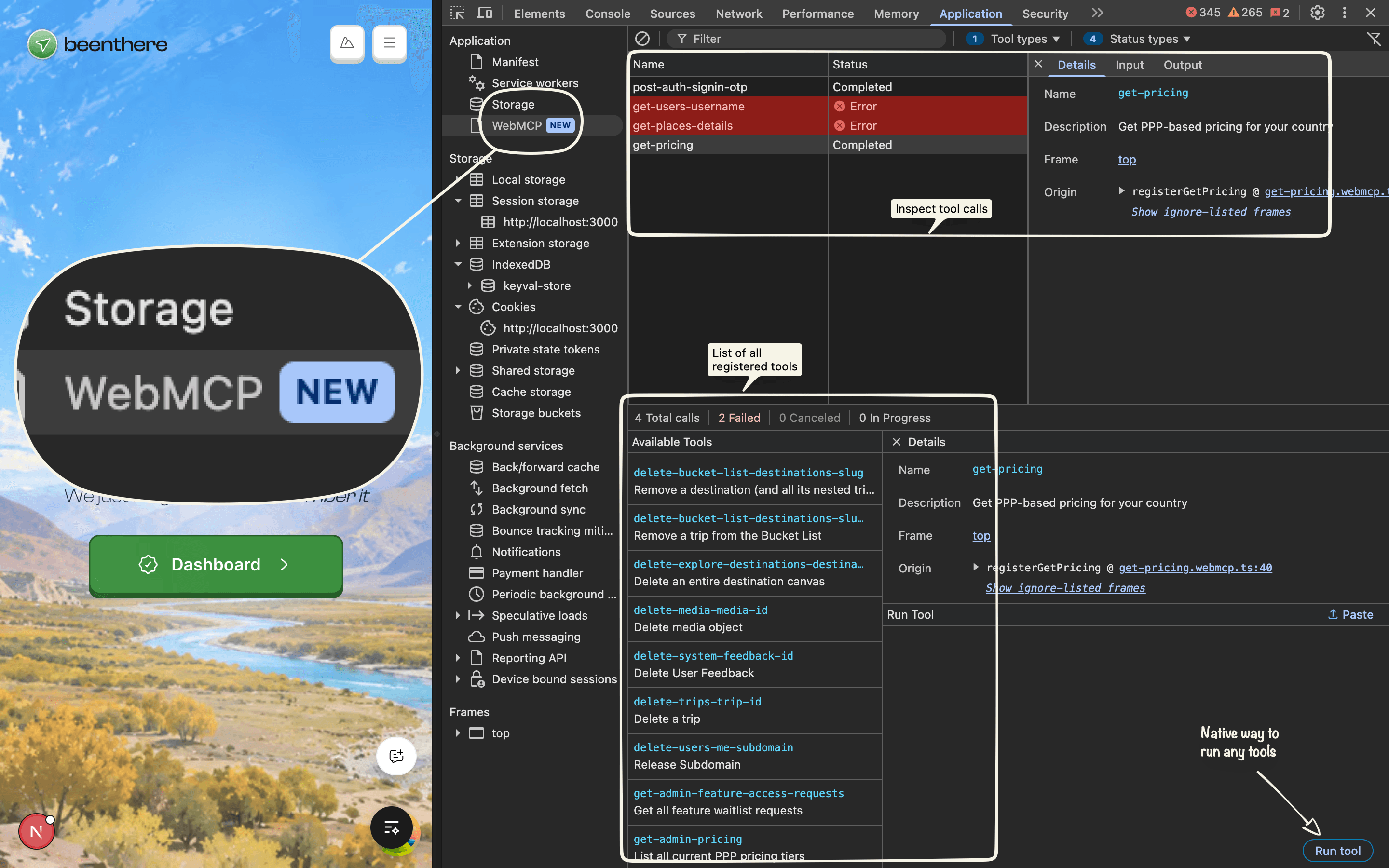 The WebMCP panel in Chrome DevTools